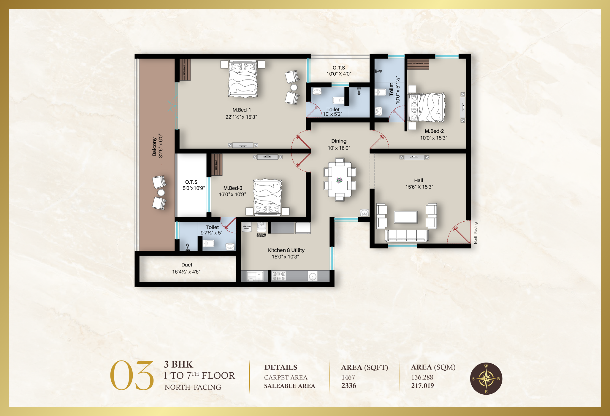 Diora Apartment 2BHK East facing floor plan 1447 sq-ft